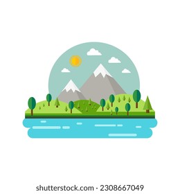 Mountains and river landscape. Vector graphics