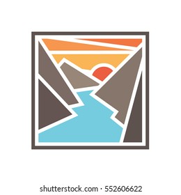 Mountains and river landscape. Vector icon.