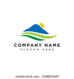 Logotipo de las montañas y los ríos, logo del paisaje montañoso, icono de la tierra de las granjas, plantilla de vector de logotipo