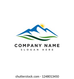 Mountains And River Logo, Mountains Hill Landscape Logo, Farm Land Icon, Logotype Vector Template