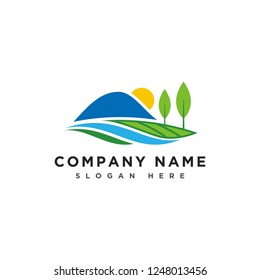 Mountains and river logo, mountains hill landscape logo, farm land icon, logotype vector template