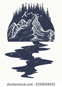 Mountains and river. Outdoors art. Symbol of tourism, adventure, spiritual search, Esoteric tattoo and t-shirt design