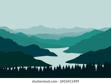 Montañas y río panorámico. Ilustración vectorial en estilo plano.