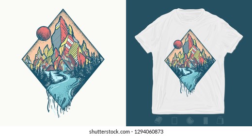 Mountains and river. Print for t-shirts and another, trendy apparel design. Outdoors concept. Meditation symbols, travel, tourism 