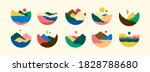 Mountains, river, sea view. Hills, sun, Moon. Round Icons. Flat Abstract design. Scandinavian style landscapes. Big Set of hand drawn trendy Vector illustrations. Wallpaper Templates for stories