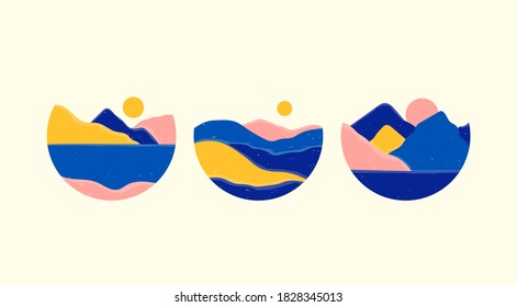 Mountains, river, sea view. Hills, sun, Moon. Round Icons. Flat Abstract design. Scandinavian style lanscapes. Set of three hand drawn trendy Vector illustrations. Wallpaper Templates for stories