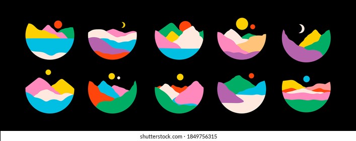 Mountains, river, sea view. Hills, sun, Moon. Round Icons. Flat Abstract design. Scandinavian style landscapes. Big Set of hand drawn trendy Vector illustrations. Wallpaper Templates for stories