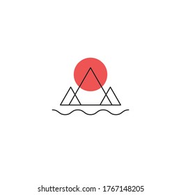 Mountains, river and sun minimal logo, minimalist line travel icon