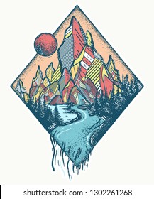 Mountains and river. Tattoo and t-shirt design. Outdoors concept. Meditation symbols, travel, tourism 