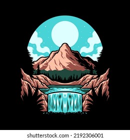 Mountains with river t-shirt graphic design, hand drawn line with digital color, vector illustration