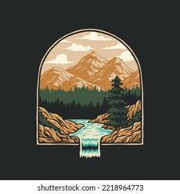 Montañas con diseño gráfico de camisetas de río, línea dibujada a mano con color digital, ilustración vectorial