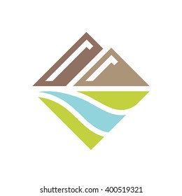 Mountains and river. Vector icon.