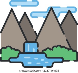 Montañas y ríos, el paisaje de cascada icono vectorial de la web. Ilustración vectorial aislada. EPS 10.