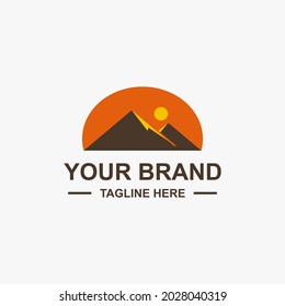 Logo für Gebirge und Flüsse, Logo für Bergregionen, Sonnenaufgang und Sonnenuntergang, einfache, schöne flache Vektorgrafik