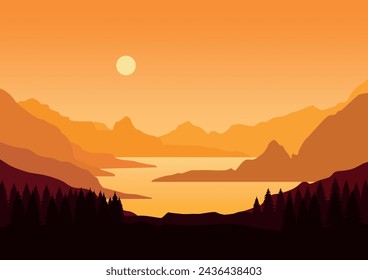 mountains and rivers nature panorama vector. Vector illustration in flat style