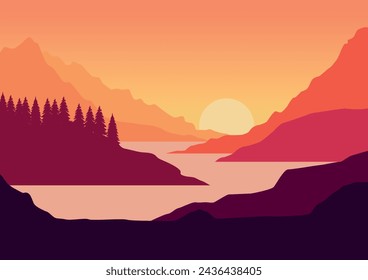 mountains and rivers nature panorama vector. Vector illustration in flat style