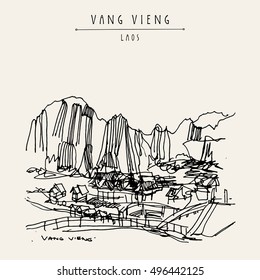 Mountains, riverside and a guesthouse in Vang Vieng, Laos, Southeast Asia. Vintage hand drawn touristic postcard in vector