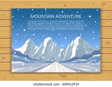 Mountains and road card on wood backdrop. Mountaineering and travelling, winter adventure concept. Climbing, hiking, trekking, outdoor vacation or extreme sports banner. EPS10 vector illustration.