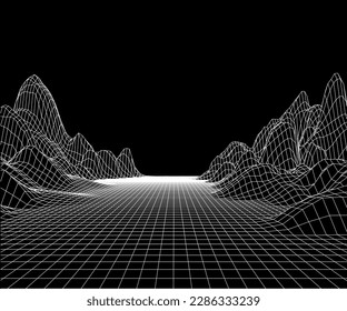 Mountains and road grid. 3d map route polygonal landscape. Futuristic space wireframe with mountain. Retrowave wallpaper with highway. Vector background. Land surface with rock peaks