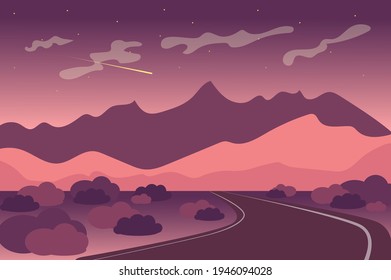 Montañas con un paisaje de fondo en estilo de dibujos animados planos. La autopista va a los picos rocosos, campos con arbustos en la carretera. Viaje en coche. Resumen del paisaje natural. Ilustración vectorial del banner web