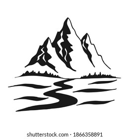 Mountains road. Landscape black on white background. Hand drawn rocky peaks in sketch style. Vector illustration.