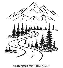Mountains road. Landscape black on white background. Hand drawn rocky peaks in sketch style. Vector illustration.