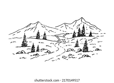 Mountains Road. Landscape. Hand Drawn Rocky Peaks In Sketch Style. Vector Illustration