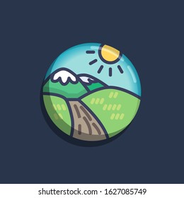 Mountains with road and sun flat icon. Round colorful button, Rural landscape with mountains and hills circular vector sign. Flat style design