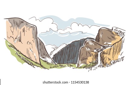 mountains rock view vector sketch landscape line illustration skyline