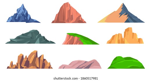 Mountains rocks flat icon collection. Set of isolated snowy mountains, mountain peak, hill top, iceberg, nature landscape. Different mountains isolated on white background. Vector illustration