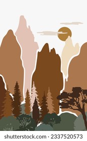 Mountains, rocks, forest, trees, sky, sun. Stylized Chinese mountain landscape. Mountain avatar. template in paper cut style. Dawn. Sunset. Abstract vector pattern in earth colors.