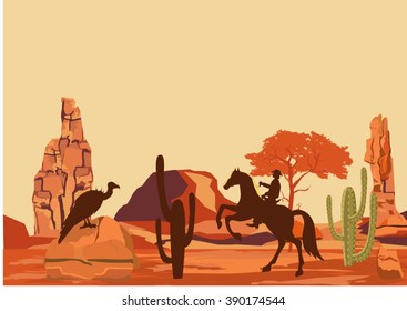 Mountains, rocks, highlands, desert, cactus, trees.  Rider cowboy. Vector illustration