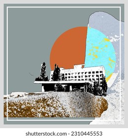 mountains, rocks, houses and surfaces. cover art design