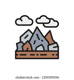 Mountains and rocks landscape flat color line icon.