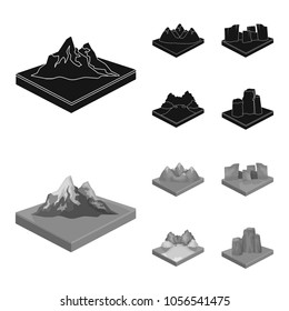 Mountains, rocks and landscape. Relief and mountains set collection icons in black,monochrom style isometric vector symbol stock illustration web.