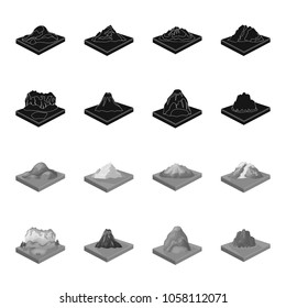 Mountains, rocks and landscape. Relief and mountains set collection icons in black,monochrome style isometric vector symbol stock illustration web.