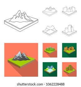 Mountains, rocks and landscape. Relief and mountains set collection icons in outline,flat style isometric vector symbol stock illustration web.