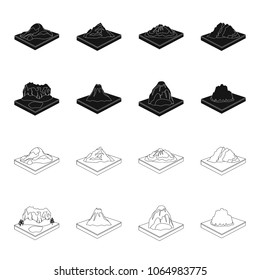 Mountains, rocks and landscape. Relief and mountains set collection icons in black,outline style isometric vector symbol stock illustration web.
