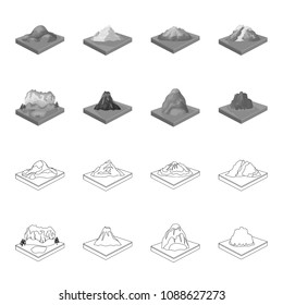 Mountains, rocks and landscape. Relief and mountains set collection icons in outline,monochrome style isometric vector symbol stock illustration web.