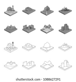 Mountains, rocks and landscape. Relief and mountains set collection icons in outline,monochrome style isometric vector symbol stock illustration web.