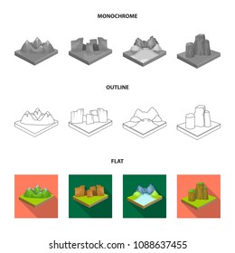 Mountains, rocks and landscape. Relief and mountains set collection icons in flat,outline,monochrome style isometric vector symbol stock illustration web.