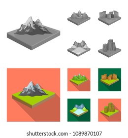 Mountains, rocks and landscape. Relief and mountains set collection icons in monochrome,flat style isometric vector symbol stock illustration web.