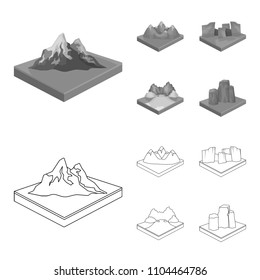 Mountains, rocks and landscape. Relief and mountains set collection icons in outline,monochrome style isometric vector symbol stock illustration web.