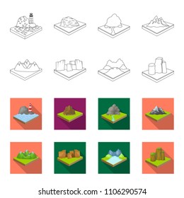 Mountains, rocks and landscape. Relief and mountains set collection icons in outline,flat style isometric vector symbol stock illustration web.