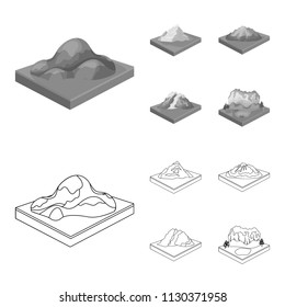 Mountains, rocks and landscape. Relief and mountains set collection icons in outline,monochrome style isometric vector symbol stock illustration web.