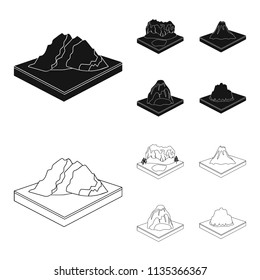 Mountains, rocks and landscape. Relief and mountains set collection icons in black,outline style isometric vector symbol stock illustration web.
