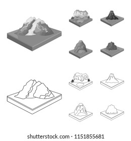 Mountains, rocks and landscape. Relief and mountains set collection icons in outline,monochrome style isometric vector symbol stock illustration web.