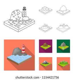 Mountains, rocks and landscape. Relief and mountains set collection icons in outline,flat style isometric vector symbol stock illustration web.