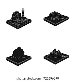Mountains, rocks and landscape. Relief and mountains set collection icons in black style isometric vector symbol stock illustration web.