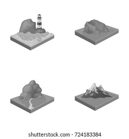 Mountains, rocks and landscape. Relief and mountains set collection icons in monochrome style isometric vector symbol stock illustration web.